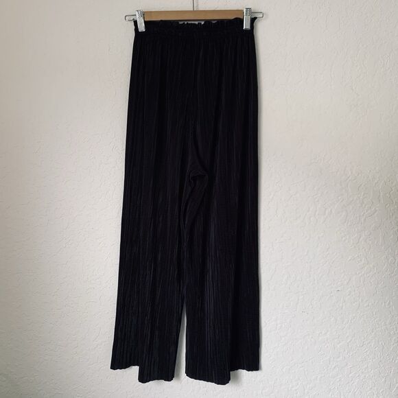 Zara Pant Women S Black Crop Accordion Pleat Pull On Wide Leg Palazzo Flowy Boho - Picture 4 of 11
